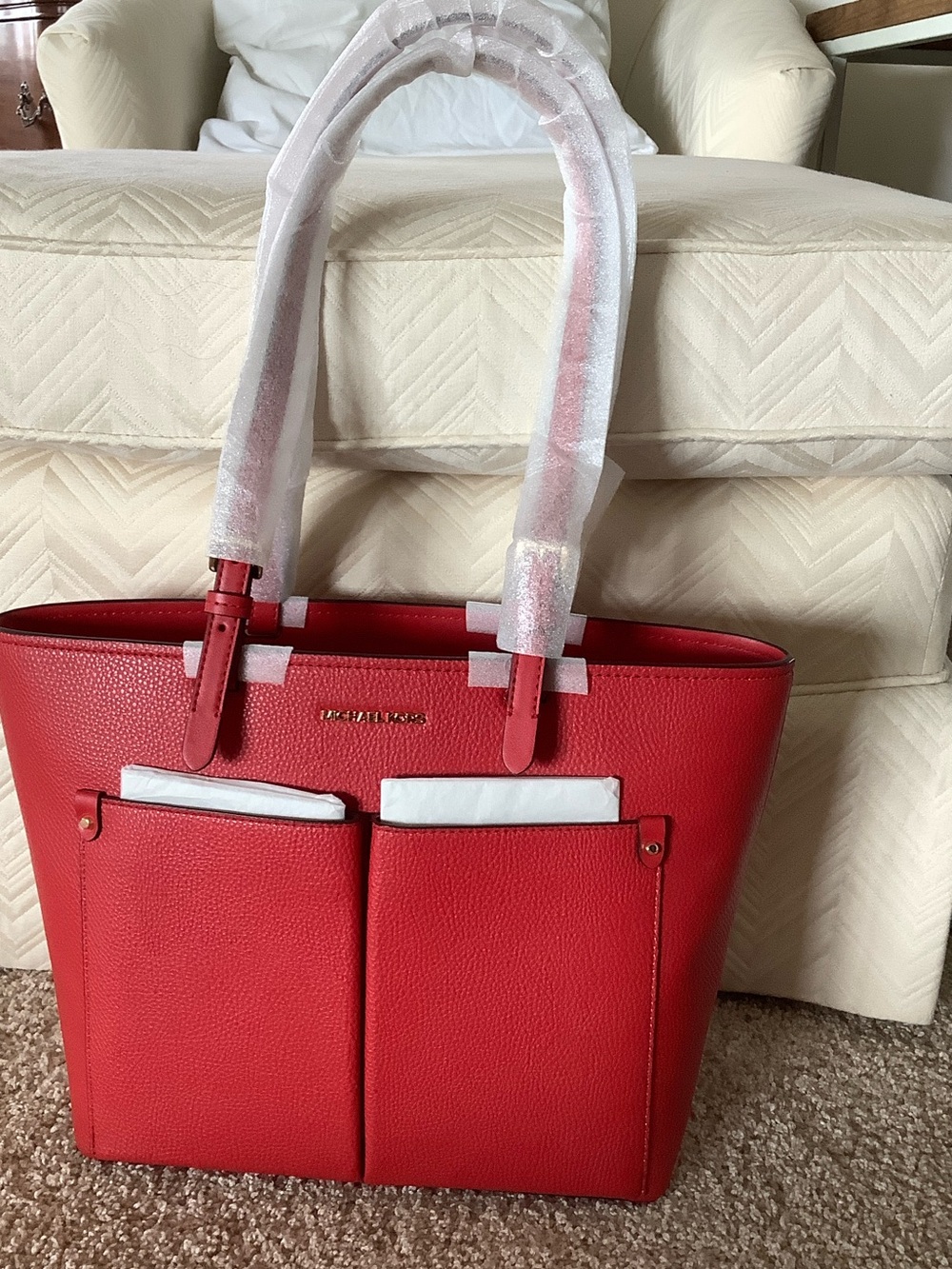 Michael Kors Red Pebbled Leather Tote with Dual Front Pockets